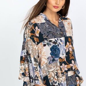 Johnny Was Women’s Large Button Down Floral Patchwork Top 100% Silk Like New!